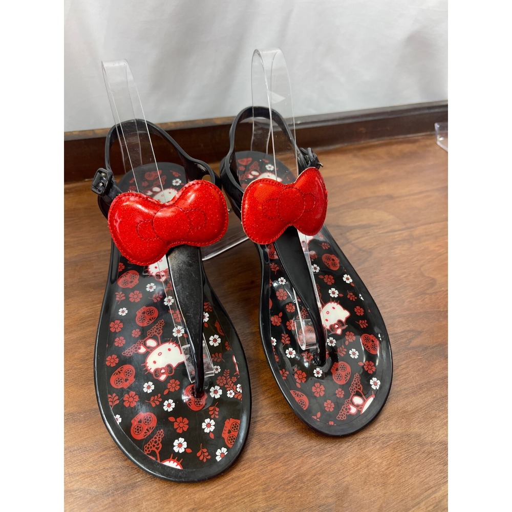 Hello Kitty x Sanrio Jelly Sandals Womens Sz 6 Black Red Bow Accent